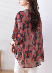 Loose Red Print Low High Design Button Silk Cotton Shirts Bracelet Sleeve