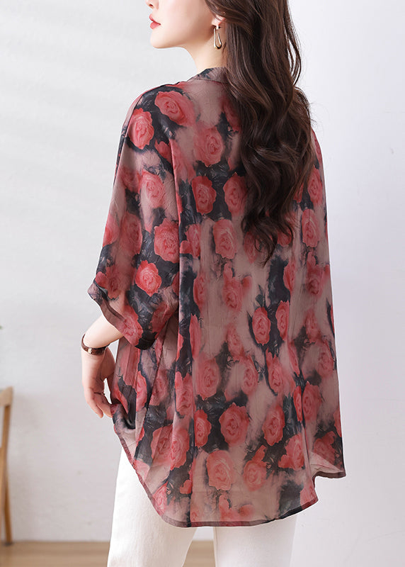 Loose Red Print Low High Design Button Silk Cotton Shirts Bracelet Sleeve