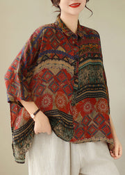 Loose Red Print Low High Design Cotton Shirts Batwing Sleeve