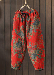 Loose Red Print Pockets Elastic Waist Cotton Filled Pants Winter