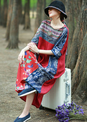 Loose Red Print Pockets Patchwork Cotton Maxi Dresses Half Sleeve