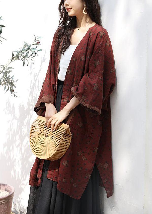 Loose Red Print Pockets Side Open Linen Cardigan Long Sleeve