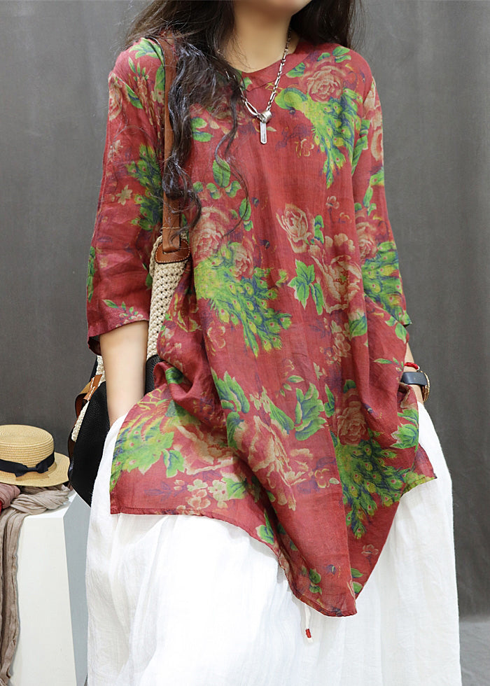 Loose Red Print Side Open Cotton Blouses Summer