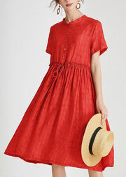 Loose Red Ruffled Tie Waist Silk Dress Short Sleeve