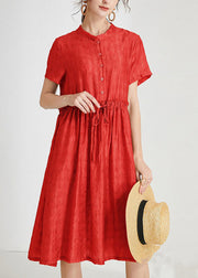 Loose Red Ruffled Tie Waist Silk Dress Short Sleeve