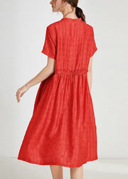 Loose Red Ruffled Tie Waist Silk Dress Short Sleeve