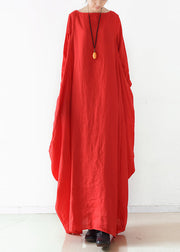 Loose Red Slash Neck Linen Maxi Dress Long Sleeve