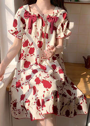 Loose Red Square Collar Bow Print Cotton Pajamas Dress Summer