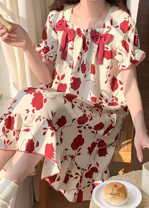 Loose Red Square Collar Bow Print Cotton Pajamas Dress Summer