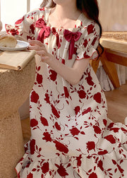 Loose Red Square Collar Bow Print Cotton Pajamas Dress Summer