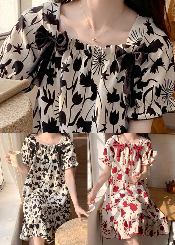 Loose Red Square Collar Bow Print Cotton Pajamas Dress Summer