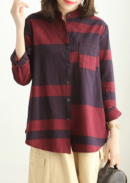Loose Red Stand Collar Button Cotton Blouses Long Sleeve