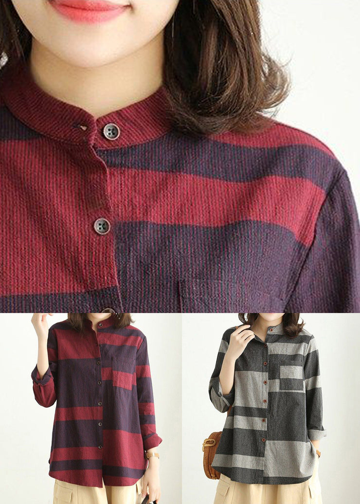Loose Red Stand Collar Button Cotton Blouses Long Sleeve