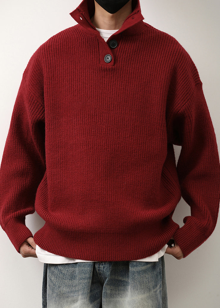 Loose Red Stand Collar Button Knit Mens Sweaters Spring