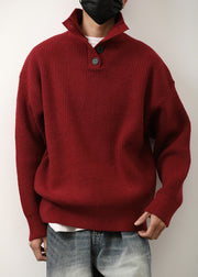 Loose Red Stand Collar Button Knit Mens Sweaters Spring