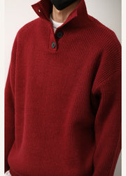 Loose Red Stand Collar Button Knit Mens Sweaters Spring