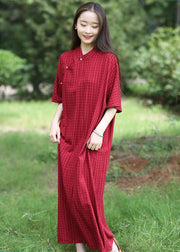 Loose Red Stand Collar Button Linen Long Dresses Summer