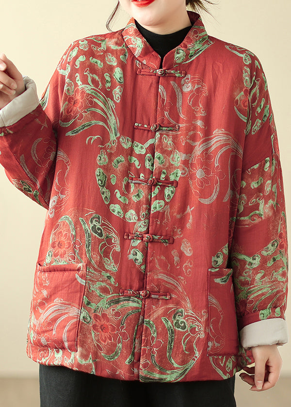 Loose Red Stand Collar Button Print Parka Winter