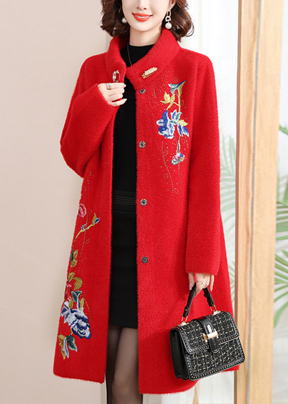 Loose Red Stand Collar Long Woolen Coats Spring