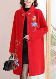 Loose Red Stand Collar Long Woolen Coats Spring