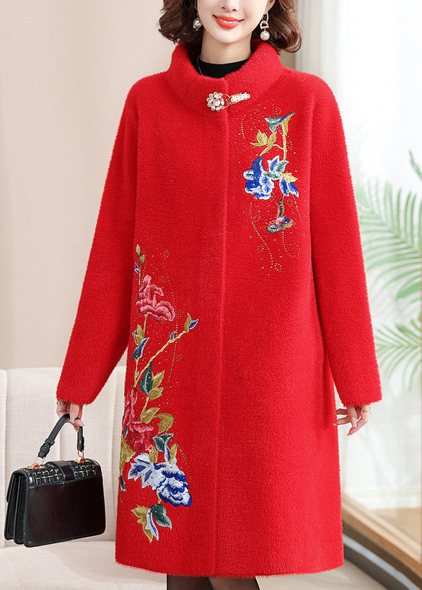 Loose Red Stand Collar Long Woolen Coats Spring