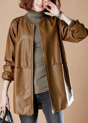 Loose Red Stand Collar Pockets Faux Leather Jackets Spring