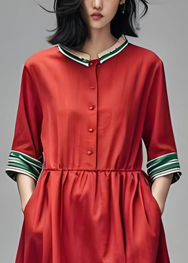 Loose Red Stand Collar Pockets Patchwork Cotton Dress Summer