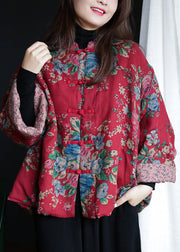 Loose Red Stand Collar Print Button Warm Fleece Cotton Parka Winter