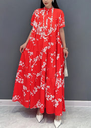 Loose Red Stand Collar Print Patchwork Long Dresses Summer