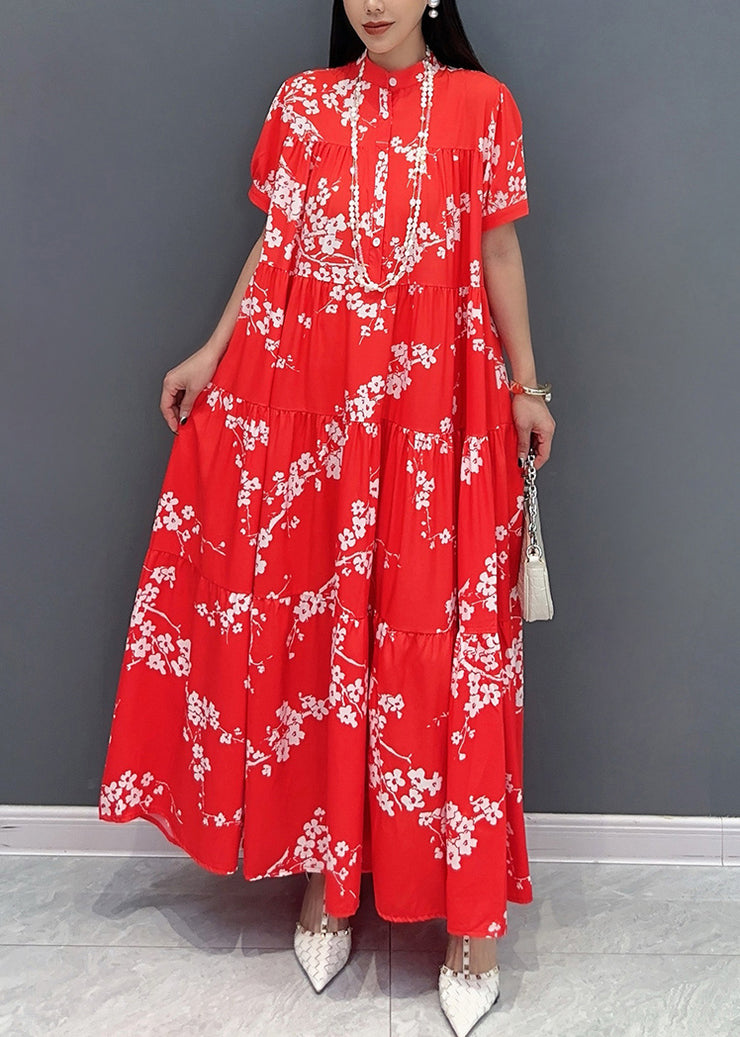 Loose Red Stand Collar Print Patchwork Long Dresses Summer