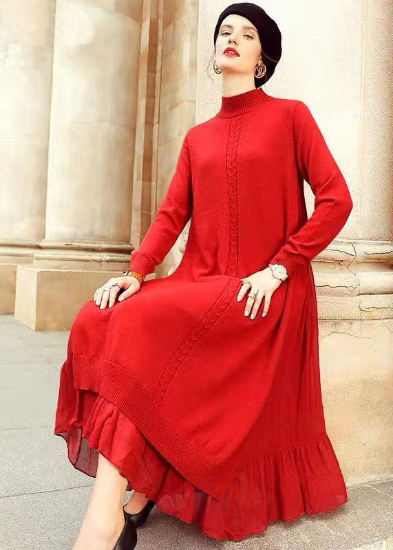 Loose Red Stand Collar Wrinkled Patchwork Woolen Dresses Fall