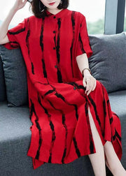 Loose Red Striped Button Patchwork Cotton Shirts Dress Summer