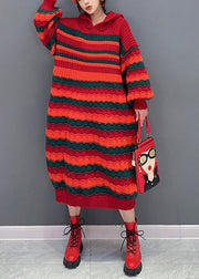 Loose Red Striped Hooded Cozy Knit Dress Long Sleeve