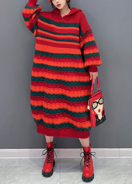 Loose Red Striped Hooded Cozy Knit Dress Long Sleeve