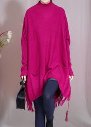 Loose Red Tasseled Pockets Knit Sweater Dress Spring