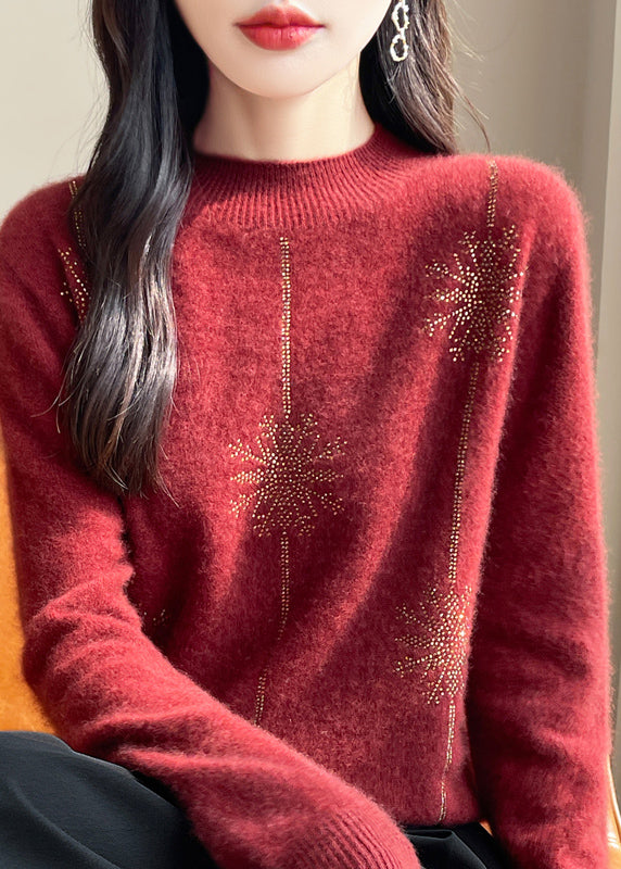 Loose Red Turtleneck Zircon Patchwork Thick Cotton Knit Sweater Winter