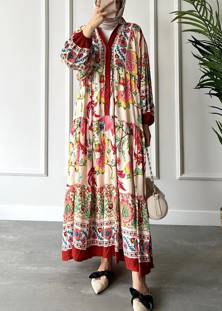 Loose Red V Neck Button Print Cotton Long Dress Long Sleeve