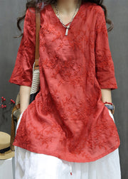 Loose Red V Neck Embroidered Linen Blouses Summer