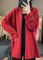 Loose Red V Neck Embroidered Cashmere Cardigan Top Fall