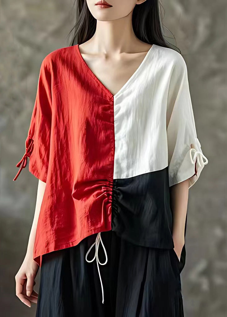 Loose Red V Neck Lace Up Linen Tops Half Sleeve