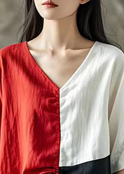 Loose Red V Neck Lace Up Linen Tops Half Sleeve