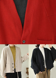 Loose Red V Neck Pockets Warm Fleece Jackets Batwing Sleeve