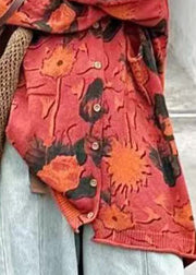 Loose Red V Neck Print Button Knit Cardigans Spring