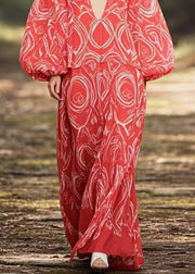 Loose Red V Neck Print Chiffon Long Dress Spring