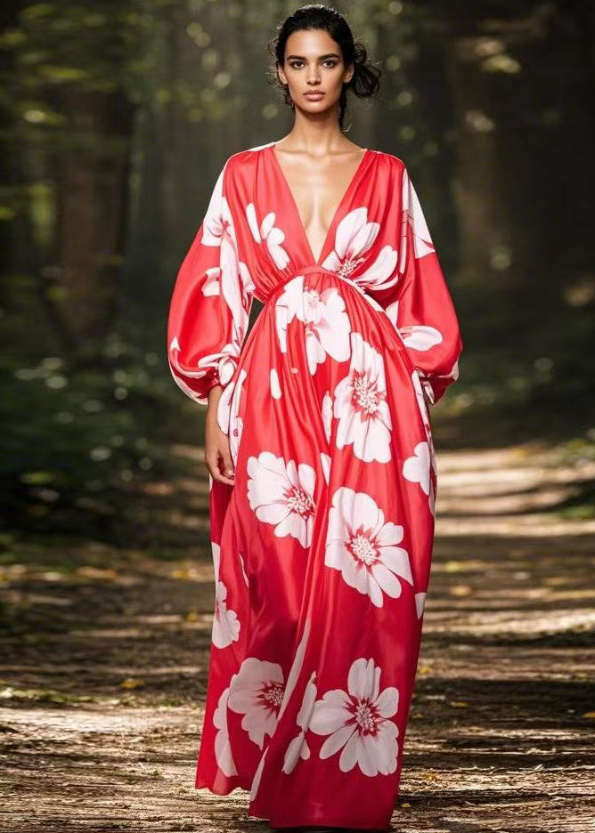 Loose Red V Neck Print Pockets Chiffon Maxi Dress Spring