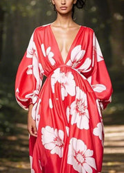 Loose Red V Neck Print Pockets Chiffon Maxi Dress Spring