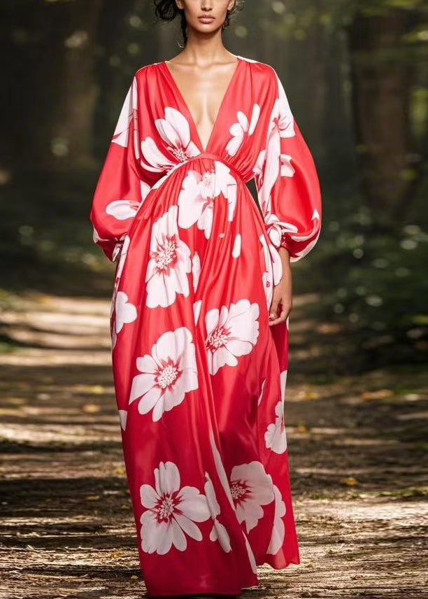 Loose Red V Neck Print Pockets Chiffon Maxi Dress Spring