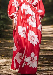 Loose Red V Neck Print Pockets Chiffon Maxi Dress Spring