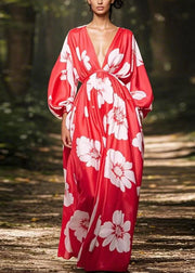 Loose Red V Neck Print Pockets Chiffon Maxi Dress Spring