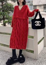 Loose Red V Neck Tassel Cable Knit Sweater Dress Winter